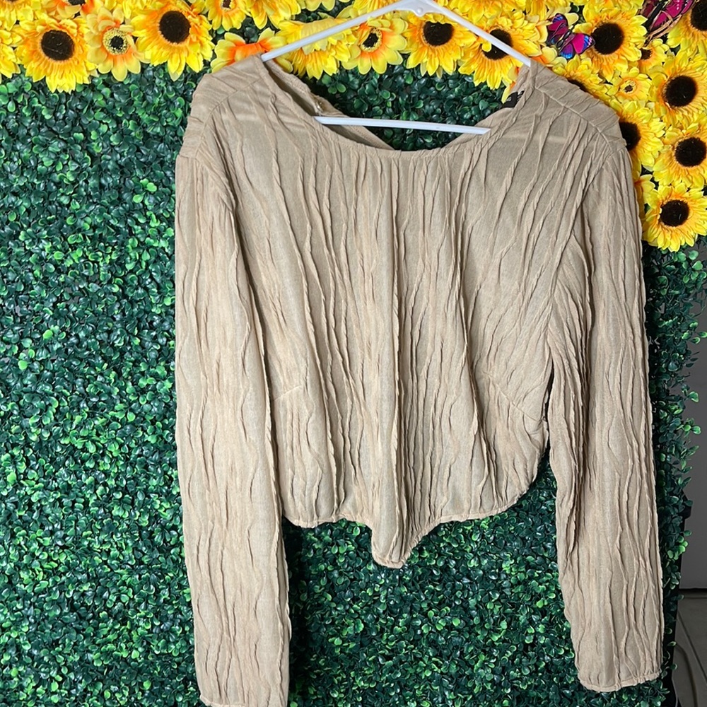 Plus Stone Textured Long Sleeve Crop Top